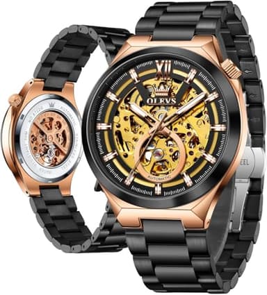 OLEVS Montre Homme Automatique Mécanique Business Diamant Luxe Rose Noir Cadran Lumineux Montre
