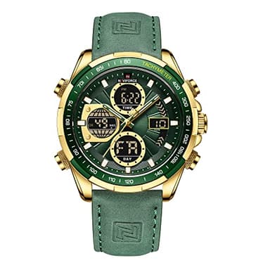 Naviforce Montres numériques militaires pour hommes Montre bracelet en cuir multifonction à quartz analogique étanche Montres, Or - vert, Tendance