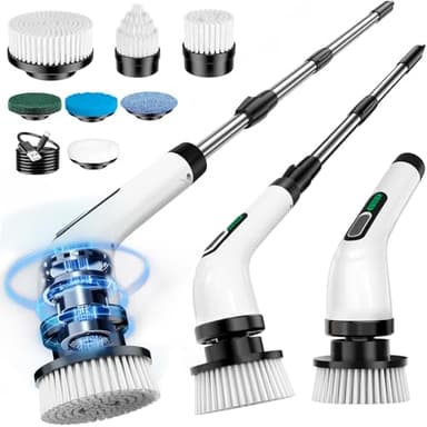 FYDEE Brosse Nettoyage Electrique, Brosse Rotative Nettoyage avec Batterie 3000mAh, 7 Têtes Interchangeables, Manche Réglable, IPX7 Étanche, 2 Vitesses, Idéale pour Salle de Bain, Maison et Cuisine