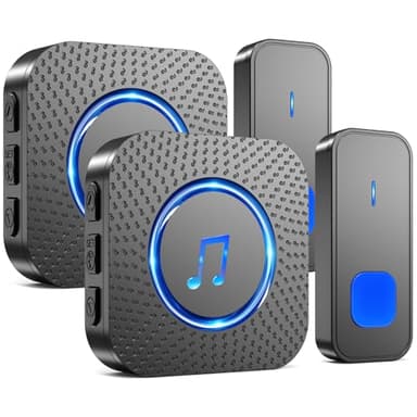 Sonnette sans Fil, 400M Sonnette Portée Exterieur Étanche Electronique, Carillon avec 2 Récepteurs Enfichables pour la Maison, LED Bleu, 55 Mélodies, 5 Volumes (2 noir récepteur + 2 noir émetteur)