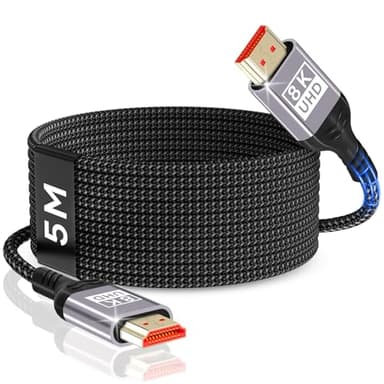 Nersligek Câble HDMI 8K 5m, Câble HDMI 2.1 48Gbps 8K@60Hz, 4K@144Hz/120Hz 7680P eARC, HDR10, HDCP 2.2 & 2.3, Dolby Atmos pour HDTV/Barre de Son/PS5/Lecteur Blu-ray/X-Box/Moniteur