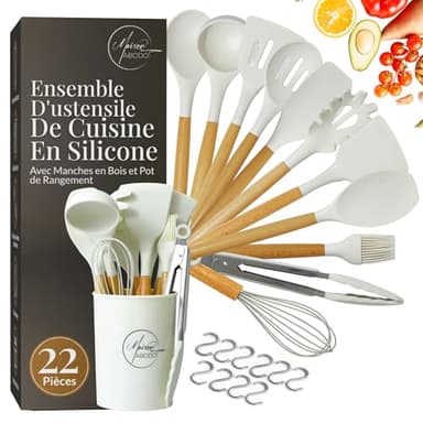 Ustensiles de Cuisine en Silicone, 22 PCS Set Ustensile Cuisine sans BPA, Kit d'Ustensiles de Bois, Antiadhésive Set avec Pot de Rangement - Blanc