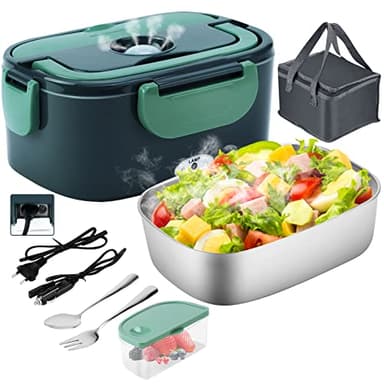 Gentre Lunch Box Chauffante Électrique 4 en 1 12V/24V/220V~240V, 1.5L 60W Acier Inox Chauffage Rapide Gamelle, Boîte Repas Amovible, pour Bureau, École, Voyage, Voiture, Avec Sac Isotherme