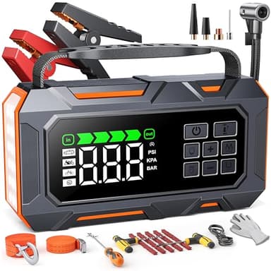 14-in-1 8000A Booster Batterie Voiture avec Gonfleur 160PSI, 26800mAh Démarreur avec Kit d'urgence Voiture, Booster Moto avec 5 LED, Kit Réparation Pneus, Marteau Sécurité (Tous Gaz/12L Diesel)