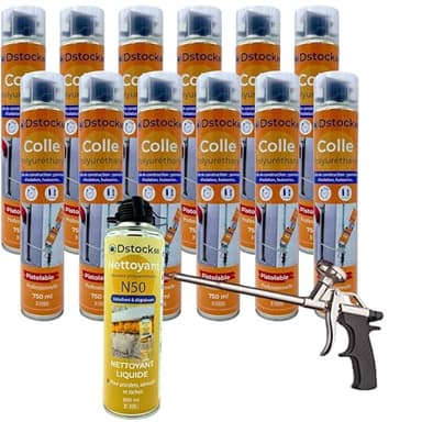 DSTOCK60 - Lot de 12 colle de montage polyuréthane + 1 pistolet + 1 nettoyant mousse - Mousse polyuréthane faiblement expansive pour le collage des panneaux isolants, rouleaux de bitume, huisseries