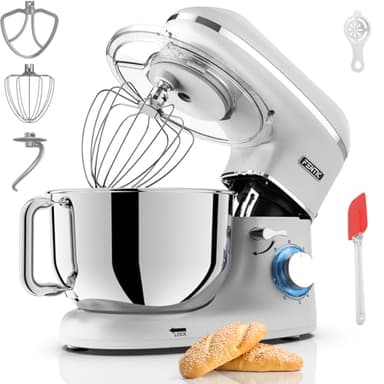 Robot Pâtissier – 2000W – Bol mélangeur en acier inoxydable (6,2L) – Avec fouet, Crochet pétrisseur et Batteur plat – Incl. et accessoires supplémentaires (Argent)