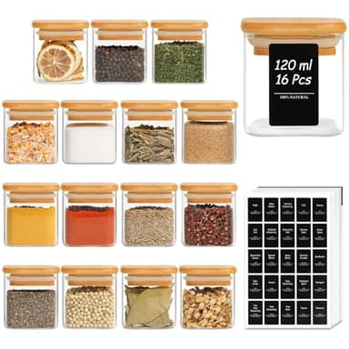 ComSaf Pots à Épices Avec Étiquettes 120 Ml 16 Pièces, Pot en Verre Avec Couvercle, Bocaux à Épices Hermétiques, Pour Herbes, Thé, Café, Curry, Rangement et Organisation de Cuisine