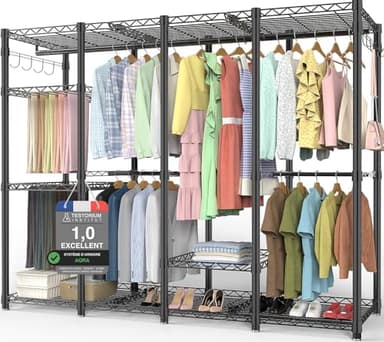 AQRA Portant à Vêtements, Conception de Porte-Pantalons Professionnel,9 Étagères Hauteur Réglable,5 Barres,4 Options d'Assemblage, Noir, Porte-vêtement en Métal, 600KG, 193,5 * 43,5 * 195