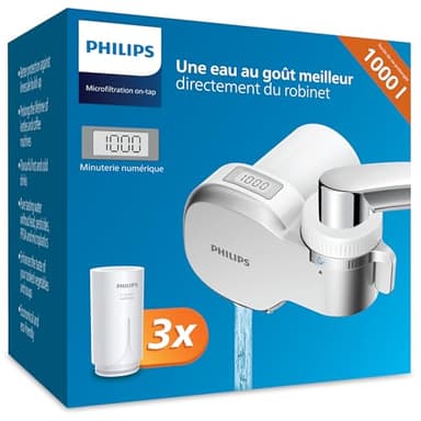 Philips Water Filtre à eau MICROFILTRATION avec affichage numérique, 3 cartouches, filtre SÉDIMENTS, CHLORE et autres impuretés, capacité de filtration de 1.000 L