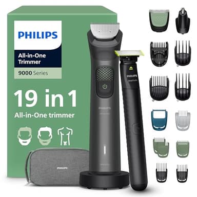 Philips Multigroom série 9000 Tondeuse tout-en-un 19 accessoires + rasoir OneBlade pour hommes – ensemble tondeuse/rasoir pour barbe, cheveux et corps, 27 hauteurs de coupe (0,2-20 mm), MG9556/15