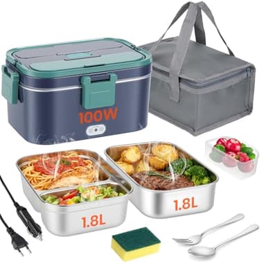 100W Gamelle Chauffante Electrique 1.8 L Chauffage Rapide 12V/24V, 110V/240V, Lunch Box Chauffante Electrique pour la Maison et la Voiture Facile à Nettoyer, 304 Acier Inoxydable, Avec Sac Isotherme