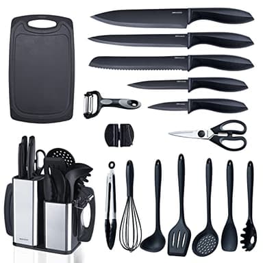 RAXCO Lot de 18 pi¨¨ces couteaux de cuisine avec bloc, ustensiles de cuisine avec set de 5 pi¨¨ces de couteaux et 7 pi¨¨ces de spatules en silicone, set d'accessoires de cuisine