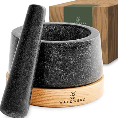 WALDWERK Mortier avec Pilon pour Cuisine - Mortier avec Base en Chêne Élégante et Solide - Pilon du Mortier Extra Long en Granit Naturel