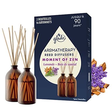 Glade Aromatherapy Diffuseur Bâtonnets - Infusé Aux Huiles Essentielles - Jusqu'à 90 Jours De Parfum - Moment of Zen, Lavande & Bois de Santal - 2 Diffuseurs & 16 Bâtonnets