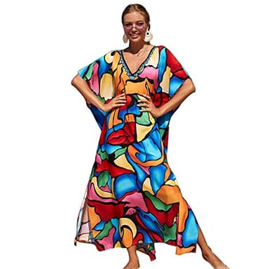 XIVISTO Femmes Boho Kaftan Grande Taille Robe de Plage Maxi Longue Bikini Cover up Été Maillots de Bain Florale Pareos