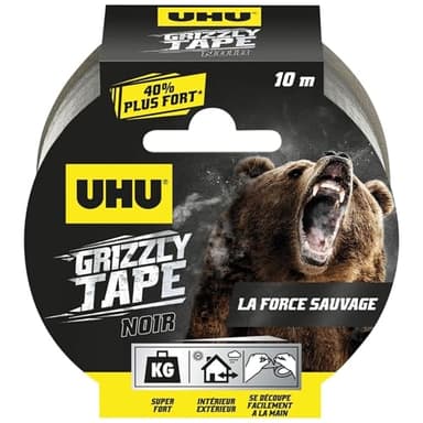 UHU Grizzly Tape - Ruban Adhésif Toilé Waterproof - En PE Extrudé - Fixation Extra-Forte & Durable - Usage Intérieur/Extérieur - Se Déchire à la Main - Ruban Noir de 10 m x 50 mm