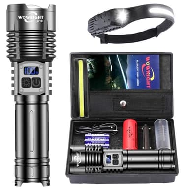 WOWNIGHT Lampe Torche 1,000,000 Lumens, 50W 2 Interrupteurs Lampe Torche LED Ultra Puissante, Lampe De Poche Rechargeable Puissante USB, Variation Infinie &IPX6 Lampe Tactique pour Camping et Urgences