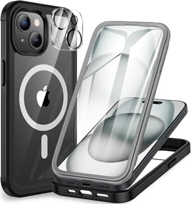 CENHUFO Magnétique Coque iPhone 15, Compatible avec MagSafe intégré Verre Trempé Protection écran et Protecteur Caméra [9H HD] 360° Antichoc Téléphone Housse Double Face Case Intégrale Etui - Noir