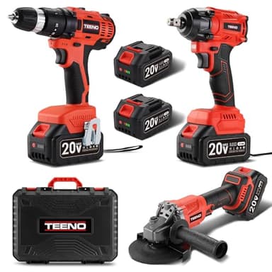 Kit d'outils TEENO 3 pièces (meuleuse d'angle sans balais + clé sans balais + perceuse à percussion) Batterie 20 volts 3 Ah*2, convient pour la voiture et la maison
