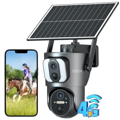 Xega 4G LTE Caméra Solaire【Double Objectif】avec Carte Sim, 14400mAh Camera Extérieure sans Fil, Détection de Personne 2K HD Inclinable 355°/100°, Autonome sur Batterie,Vision Nocturne IP66 (Non WiFi)