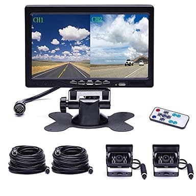 CAMECHO Kit de Caméra de recul avec écran LCD 7", Double Caméra et entrée vidéo 4 canaux Quadruple - Camera recul étanche IP68 pour Camping-Car, Camion, RV et remorques