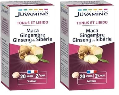 JUVAMINE Maca Gingembre et Ginseng de Sibérie, Tonifiant Sexuel, Tonus et Vigueur, Tonifiant, Stimulant, Programme de 20 jours, 40 Comprimés, Fabriqué en France (Lot de 2)
