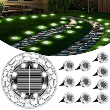 FIFlying 10 Piece Lampe Solaire Exterieur, 8 LED Lumiere Solaire Exterieur, Stainless Steel LED Lampe Solaire Exterieur Jardin, for Lawn, Driveway, Sidewalk, Patio, Blanc Froid