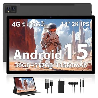 WOREGOO 14 Pouces Tablette Android 15, Tablette Tactile 5G WiFi et 4G LTE, 36GB RAM + 512GB ROM(1TB TF), Octa-Core/2000 * 1200FHD 2K/BT5.0/13MP+8MP/11580mAh/GPS/GMS avec étui et Stylet,Noir