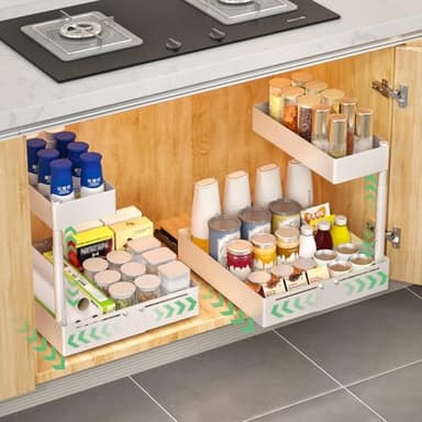 KUOGAS Organisateur de Rangement Sous Évier Cuisine en Métal – Système Extractible et Réglable en Hauteur, Aménagement Universel pour Placard de Cuisine et Salle de Bain (1, Bianco)