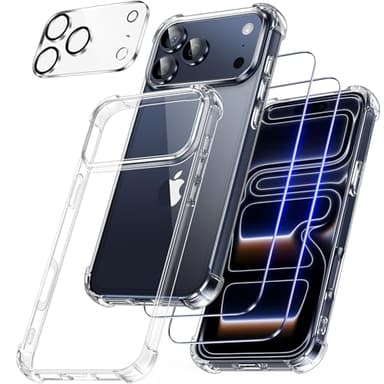 FLLAO 4 en 1 Coque pour iPhone 17 Pro Max avec 2 Verre Trempé et 1 Ultra HD Caméra Protecteur, [Coussin d'air Intégré] Antichoc Antirayures Protection Housse pour iPhone 17 Pro Max 6.9", Transparent