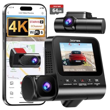 Jzones Dashcam Auto 3 Canaux 4K, avec STARVIS 2 Vision Nocturne et HDR, Dashcam Voiture Avant Arrière et Intérieure, Surveillance Stationnement 24H, Capteur G, WiFi 6 et GPS, Carte SD de 64 Go offerte