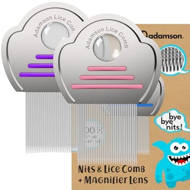 Adamson Peigne Anti Poux et Lentes - Peigne Anti Poux Enfant en Acier Inoxydable x2 - Élimination Efficace des Poux pour Tous Types de Cheveux - Durable et Facile à Nettoyer - Ensemble Rose et Violet