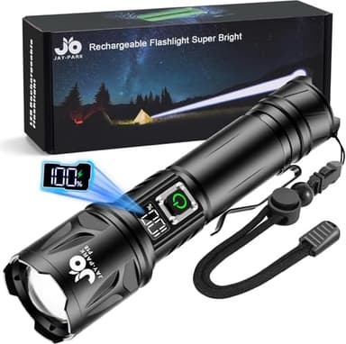 JAY-PARK Lampe Torche LED Ultra Puissante 1000000 Lumens, Rechargeable 5000mAh, Zoom Puissant 3000m, IP67 Étanche, 5 Modes Pour Camping, Randonnée, Urgence, Chien