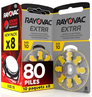 80 Piles pour appareils auditifs Rayovac Extra 10. - 10 Ampoules de 8 Piles