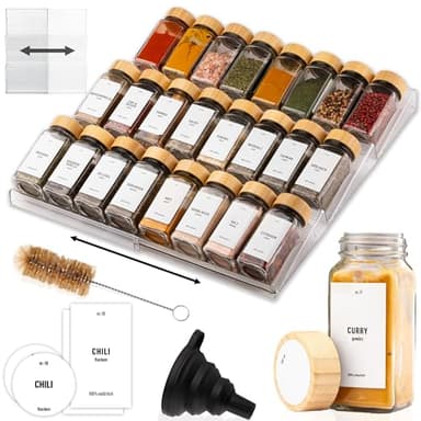 Deco haus® Range epices cuisine tiroir avec Pots Lot de 24 avec Étiquettes - Rangement épices tiroir - Organisateur epice Grande Capacité Extensible