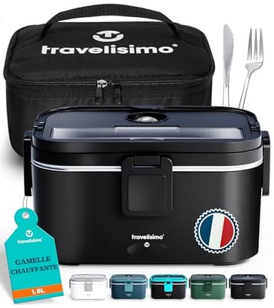 TRAVELISIMO XL Gamelle Chauffante Grande Capacité 1,8L Lunch Box Chauffante 100W Chauffe Repas 3 en 1 220V 24V 12V, chauffe Plat voiture, Gamelle Chauffante Allume Cigare, Acier Inoxydable
