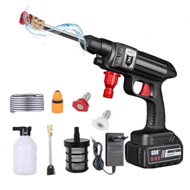 Nettoyeur Haute Pression sans Fil,1500W Portable Pressure Washer Nettoyeur Haute Pression,Pistolet Lavage Voiture avec Batteries,6 en 1 Buse Rotative,30Bar,Tuyau 5 M,pour Voitures,Sols (1 Batterie)