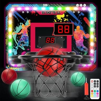 Cheffery Panier Basket Interieur Mobile, Mini Panier Basketball pour Chambre Porte Mural avec Télécommandes, 4 Balle, Lumière LED, Scoreboard et Pompe à Air pour Cadeaux Garçons Filles