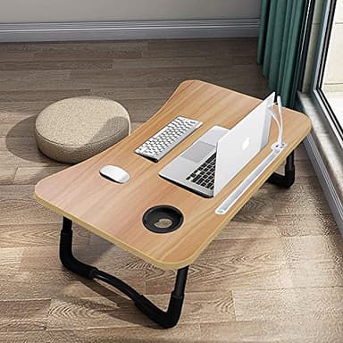 A3A ACADGQ Table de Lit Pliable, Support Ordinateur Portable avec 4 Ports USB/Tiroir/Fente pour Tasse/Support Pad, Convient pour Canapé, Sol (60x40cm, Couleur du Bois)