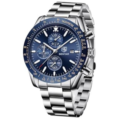 BENYAR Montre Homme Chronographe Etanche Lumineuses Date Montres Bracelet en Acier Inoxydable Grand Cadran Classique Mode Affaires Analogique Quartz Montres Cadeau élégant pour Hommes