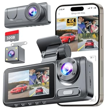 4K Dashcam Voiture Avant Arrière, Camera Voiture avec Carte SD 32G, Grand Angle 170° Dashcam avec G-Capteur, Vision Nocturne, Enregistrement en Boucle, Mode Stationnement 24H