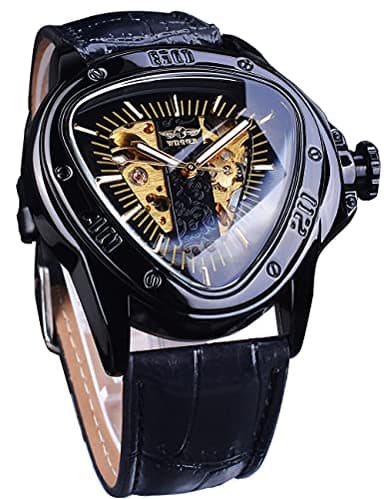 Winner Montre-bracelet mécanique à la mode avec cadran de course triangulaire, étanche, cadran squelette doré, mouvement automatique, pour homme, Noir
