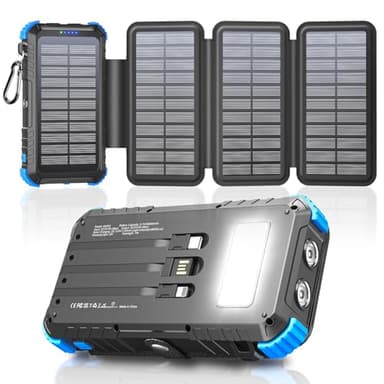 Chargeur Solaire 26800mAh avec 4 Panneaux Solaires, USB C 15 W Charge Rapide, 5 Sorties et 3 Câbles, Batterie Externe Solaire pour l'extérieur avec Mousqueton et Lampes de Poche pour Téléphones