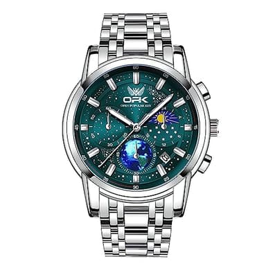 Montres-Bracelets pour Hommes avec Affichage de la Date, Montre pour Hommes Multifonctions à Quartz analogique de Style Professionnel avec Bracelet en Acier Inoxydable, Green