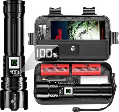 Shadowhawk Lampe Torche Led Ultra Puissante 24H Éclairag | Militaire 1000000 Lumens Lampe de Poche Rechargeable(2X 5000mAh Batterie), Flashlight Longue Portée pour Camping/Randonnée, avec LCD Display