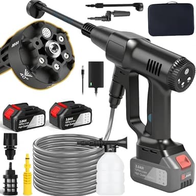 Nettoyeur Haute Pression sans Fil, 21V Max 200 Bar Nettoyeur Haute Pression sur Batterie 6,0Ah, Press & Clean Pistolet de Lavage avec écran LCD de Puissance et 3 Vitesses (Noir)