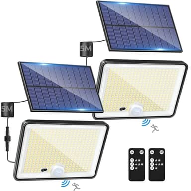 LOTMOS Lot de 2 Lampe Solaire Exterieur Detecteur de Mouvement avec Télécommande, 342 LED Lumiere Solaire IP65 Étanche Spot Solaire, 3 Modes Eclairaget Solaire pour Jardin Garage Cour, Blanc Froid