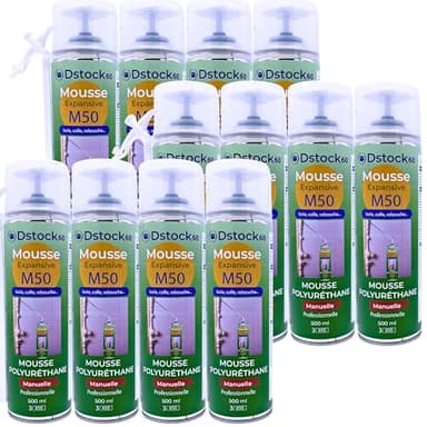 DSTOCK60 - Lot de 12 mousses expansives Manuelles- 500 ml - Mousse polyuréthane professionnelle manuelle - Isole, colle et rebouche - Extérieur et intérieur