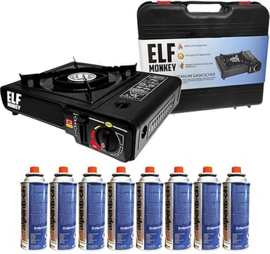 Elfmonkey Réchaud de camping | Cuisinière à gaz avec mallette de transport : avec 8 cartouches de gaz
