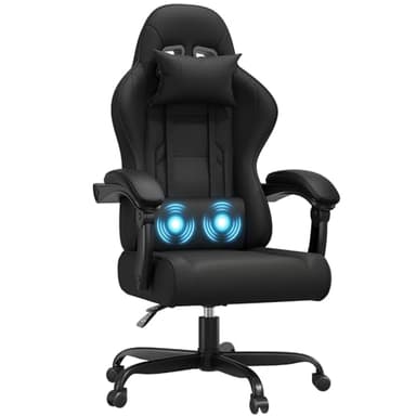 JUMMICO Chaise Gaming Ergonomique avec Massage Lombaire, Fauteuil Gaming avec Dossier Inclinable, Ergonomic Office Chair avec Assise Douce et Résistante, Idéale pour Jeux et Boulot, Noir